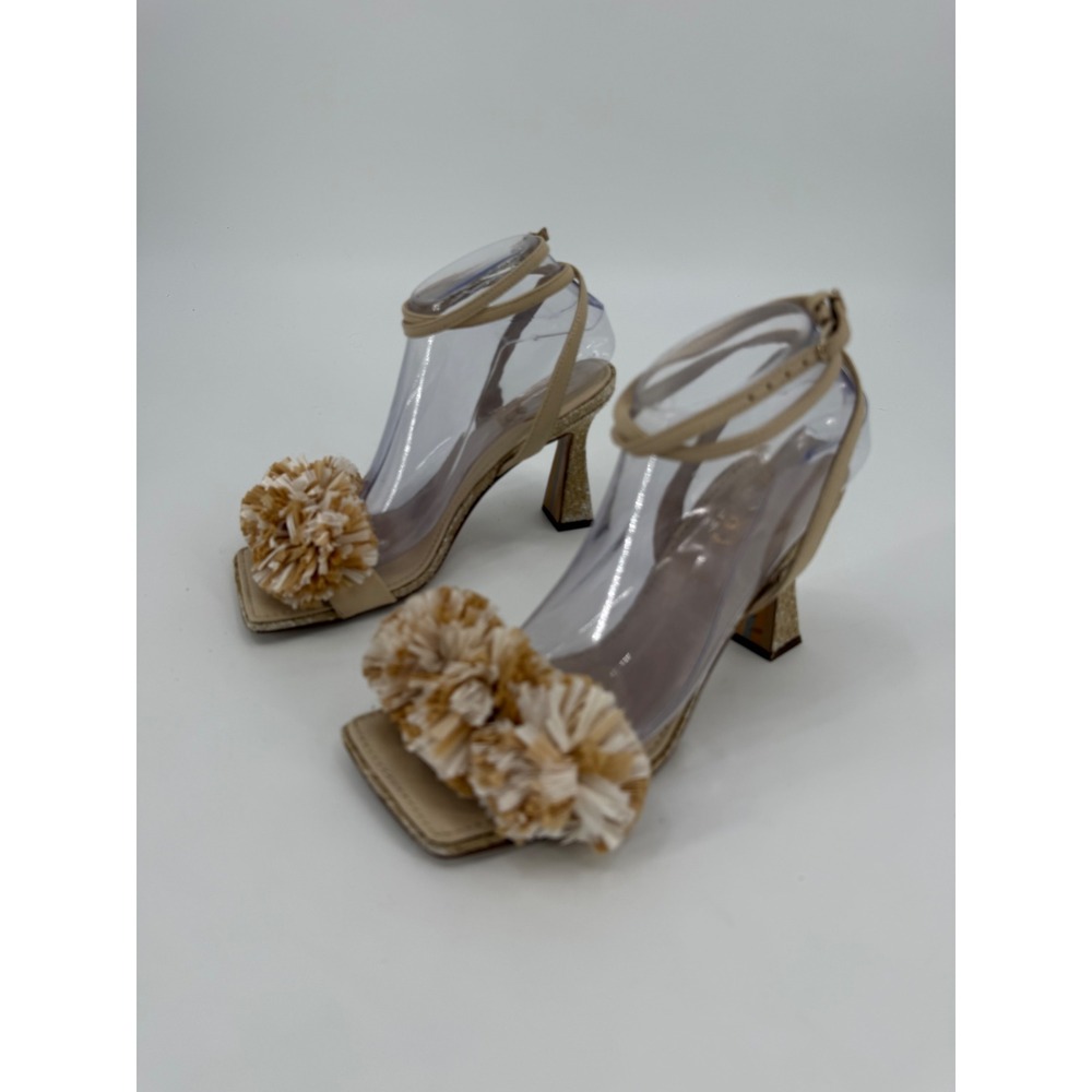 Sam Edelman Raffia Pom Pom Block Heel Sandals Beige Leather Square Toe Size 8